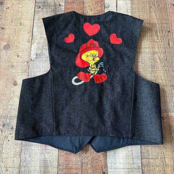Western Women's Hand Painted Tweety Bird Fire Fighter Button Down Denim Vest - Picture 4 of 5